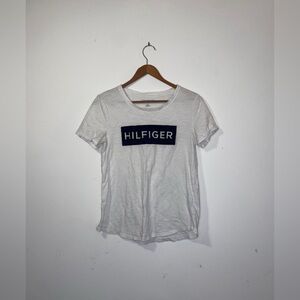 Tommy Hilfiger Velvet Flocked Logo White Navy blue T-Shirt Y2K rare htf